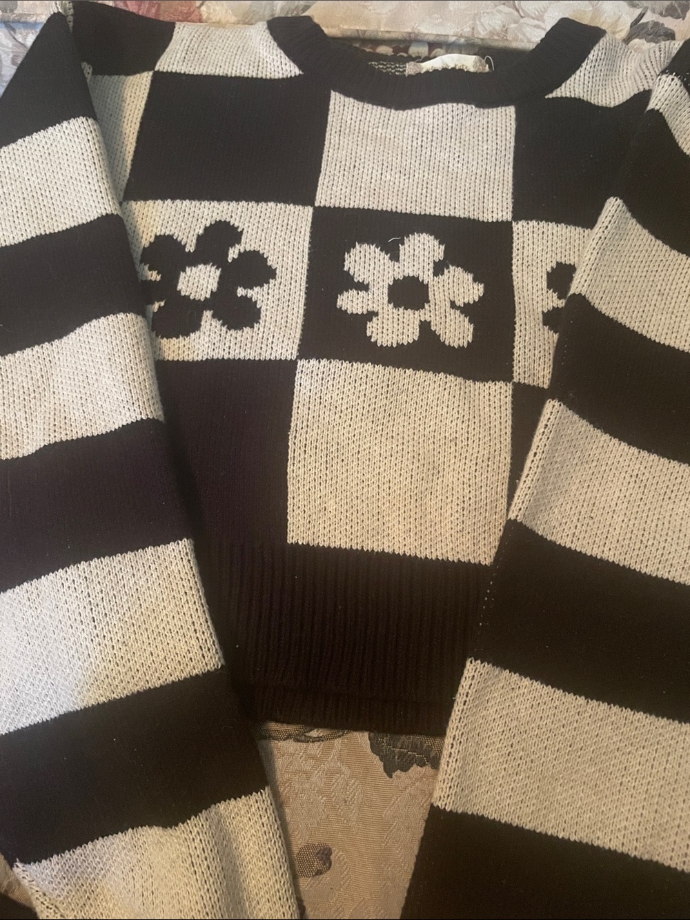 Altar'd State Black and Cream Checker Floral Crewneck Sweater